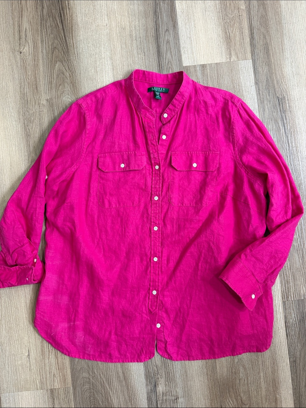 Ralph Lauren Magenta Pink 100% Linen Button Up Shirt Roll Tab Sleeves Pockets XL